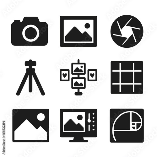 Photography Art Icons. Solid, filled icons set of photography as an art form: DSLR camera, photo frame, lens