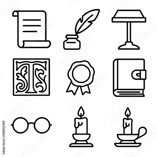 Medieval Manuscript Icons. Outline icon set of medieval manuscript reading: parchment scroll, quill pen, ink pot, lectern,