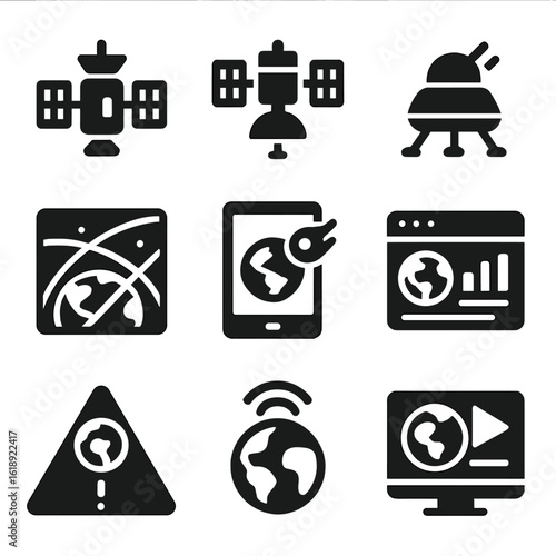 Planetary Monitoring Icons. Solid, filled icons set of planetary monitoring tools: Earth observation satellite