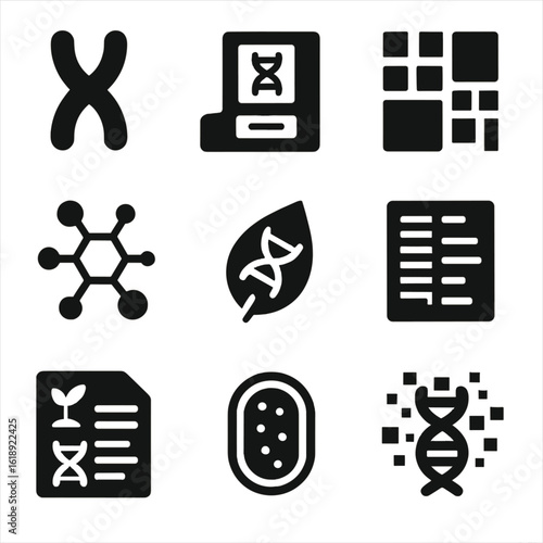 Plant Genome Icon Set. Solid, filled icons set of plant genome mapping and analysis: chromosome icon, genome