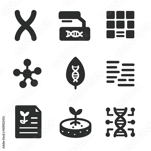 Plant Genome Icons. Solid, filled icons set of plant genome mapping and analysis: chromosome icon, genome