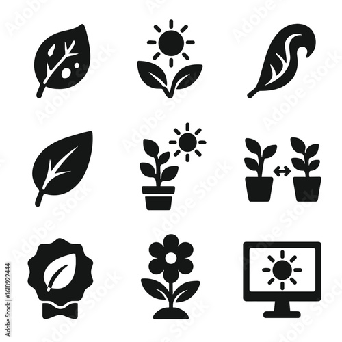 Plant Health Indicators. Solid, filled icons set of plant health indicators related to sunlight: yellowing