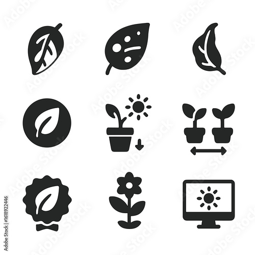 Plant Health Icons. Solid, filled icons set of plant health indicators related to sunlight: yellowing leaf,