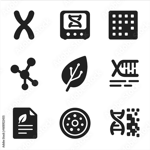 Plant Genome Icon Set. Solid, filled icons set of plant genome mapping and analysis: chromosome icon, genome