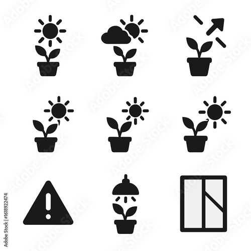 Plant Sunlight Exposure Icons. Solid, filled icons set of types of sunlight exposure for plants: full sun,
