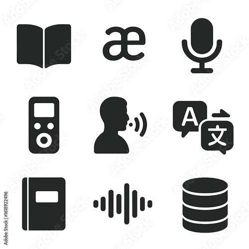 Endangered Language Icons. Solid, filled icons set of endangered languages documentation: open notebook,