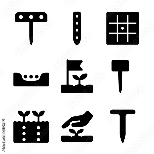 Planting Technique Icons. Solid, filled icons set of planting techniques and spacing: even row marker, spacing