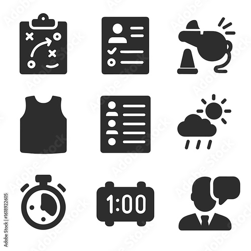 Pre-Game Training Icons. Solid, filled icons set of seasonal and pre-game training sessions: preseason plan,