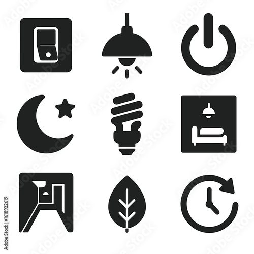 Energy Saving Icons. Solid, filled icons set of turning off all non-essential lights: light switch, ceiling