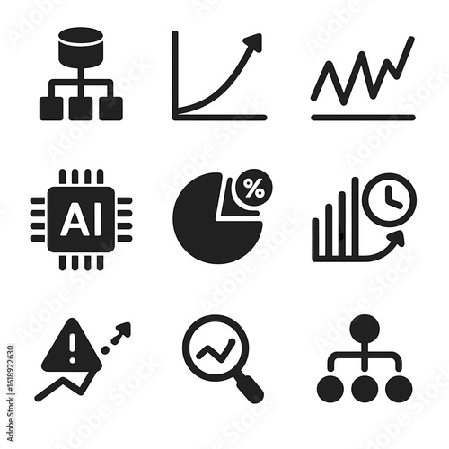Predictive Analytics Icons. Solid, filled icons set of predictive analytics: predictive model, forecasting
