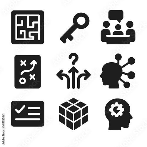 Problem-Solving Icons Grid. Solid, filled icons set of problem-solving and strategy activities: maze puzzle,