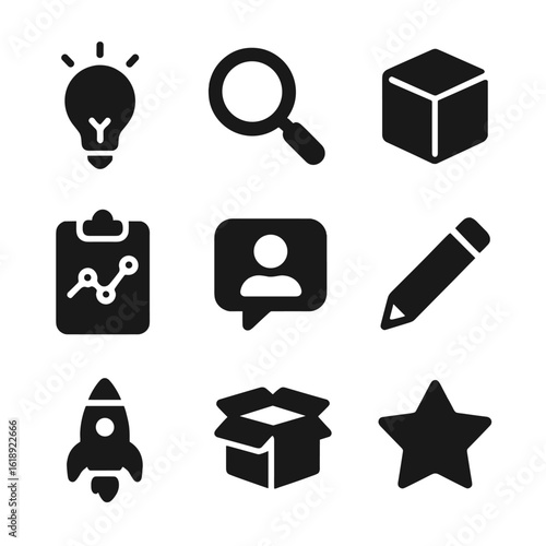 Product Innovation Icons. Solid, filled icons set of product innovation stages: idea bulb, research magnifier,