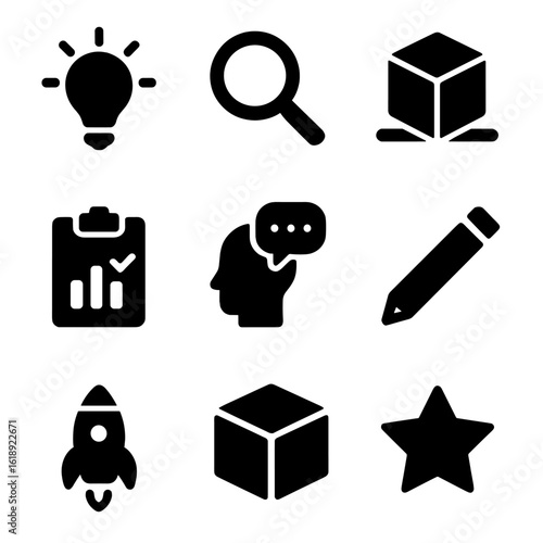 Product Innovation Icons. Solid, filled icons set of product innovation stages: idea bulb, research magnifier,