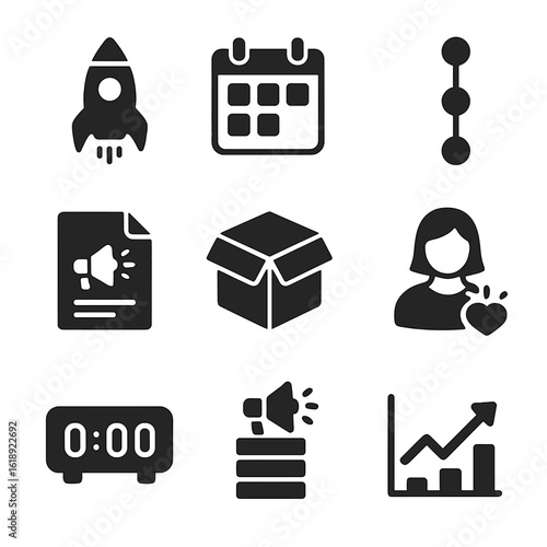 Product Launch Icons. Solid, filled icons set of product launch planning: launch rocket, calendar with date,
