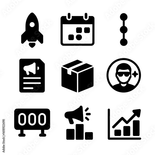 Product Launch Icons. Solid, filled icons set of product launch planning: launch rocket, calendar with date,