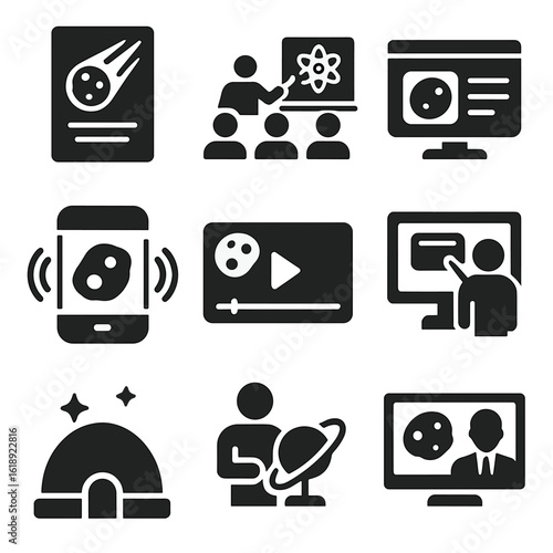 Public Outreach Icons. Solid, filled icons set of public outreach and education: asteroid awareness poster,