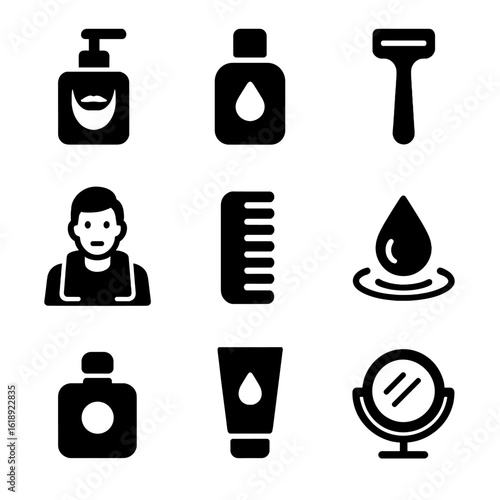 Men's Skincare Icons. Solid, filled icon set of men’s skincare routine: beard lotion, aftershave bottle, shaving razor, towel over