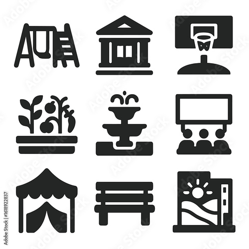 Public Spaces Icons. Solid, filled icons set of public spaces and community life: playground, city library,