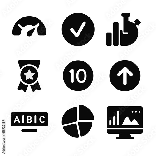 Quiz Analytics Icons. Solid, filled icons set of quiz scoring and analytics: score meter, answer accuracy icon