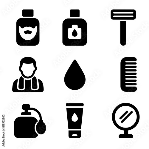 Men's Skincare Icons. Solid, filled icon set of men’s skincare routine: beard lotion, aftershave bottle, shaving razor, towel over