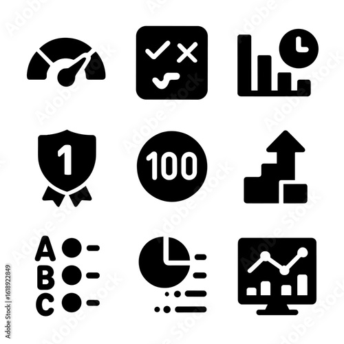 Quiz Analytics Icons. Solid, filled icons set of quiz scoring and analytics: score meter, answer accuracy icon