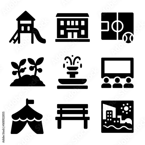 Public Spaces Icons. Solid, filled icons set of public spaces and community life: playground, city library,
