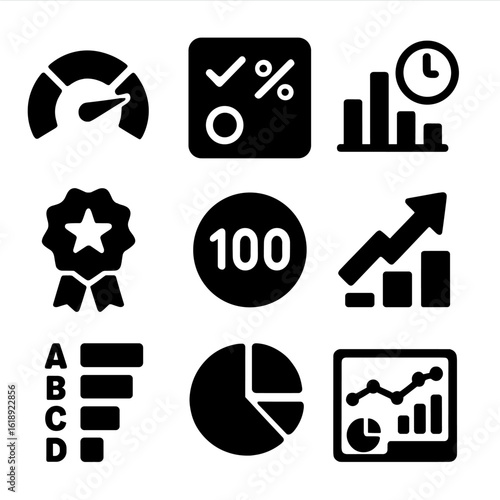 Quiz Analytics Icons. Solid, filled icons set of quiz scoring and analytics: score meter, answer accuracy icon