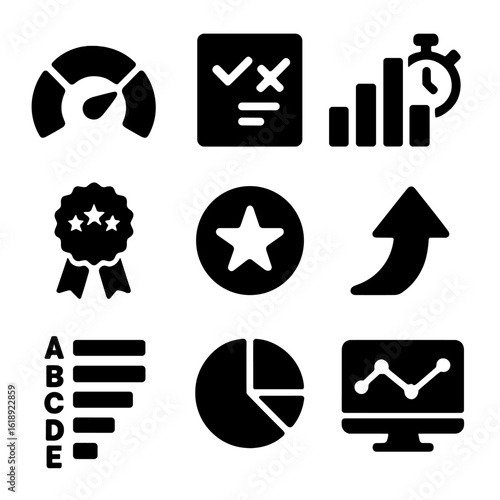 Quiz Analytics Icons. Solid, filled icons set of quiz scoring and analytics: score meter, answer accuracy icon