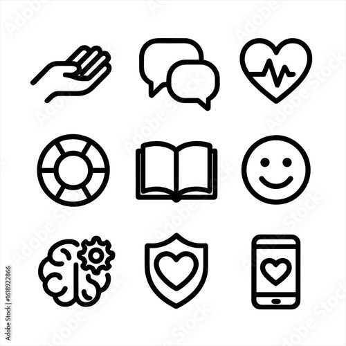 Mental Health Icon Set. Solid, filled icon set of mental health support: helping hand, chat bubbles, heart pulse, lifebuoy, open