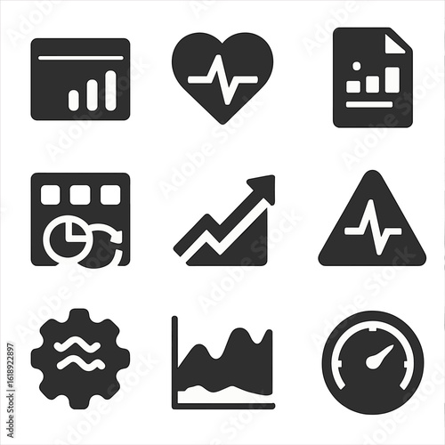Real-Time Analytics Icons. Solid, filled icons set of real-time analytics systems: live data stream, pulse