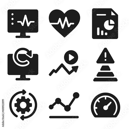 Real-Time Analytics Icons. Solid, filled icons set of real-time analytics systems: live data stream, pulse