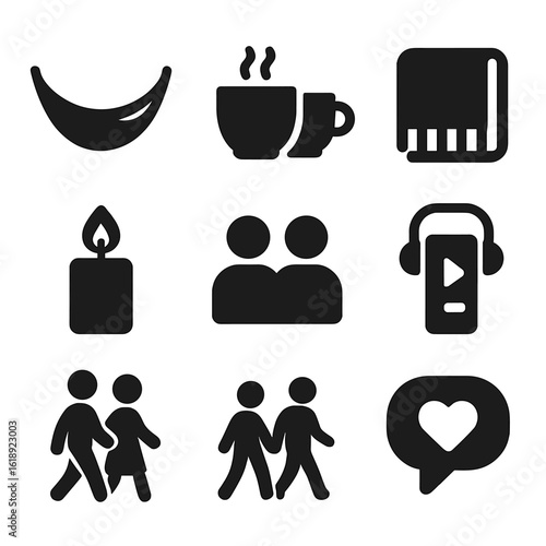 Relaxing Moments Icons. Solid, filled icons set of relaxing shared downtime: hammock icon, tea cups, cozy