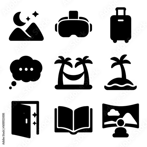 Escapism Icon Grid. Solid, filled icons set of escapism in marketing: dreamy landscape, VR headset, travel