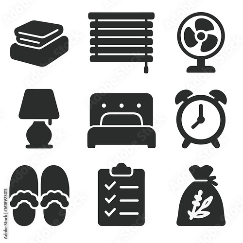 Relaxing Bedroom Icons. Solid, filled icons set of relaxing bedroom environment: clean sheets, closed blinds,