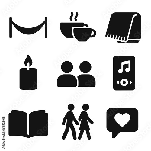 Relaxing Moments Icons. Solid, filled icons set of relaxing shared downtime: hammock icon, tea cups, cozy