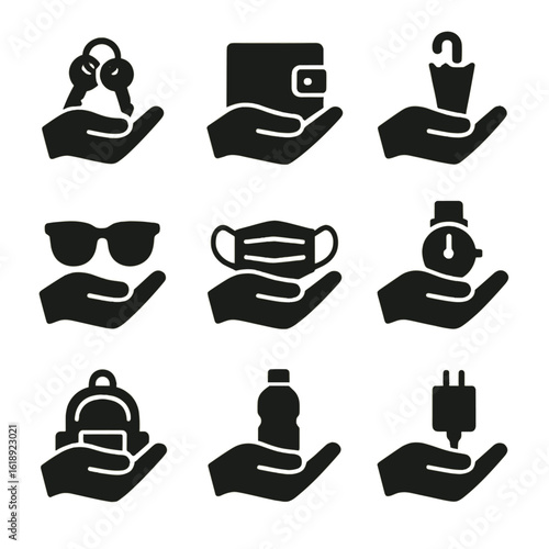Essentials Icons Grid. Solid, filled icon set of Hands holding everyday essentials: keys, wallet, sunglasses, umbrella, mask,