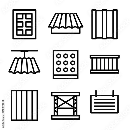 Metal Cladding Icon Set. Solid, filled icon set of metal cladding applications: building facade, roofing, wall panels, ceiling