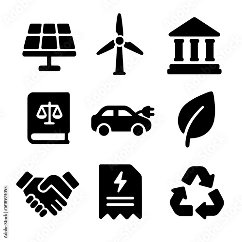 Renewable Energy Icons. Solid, filled icons set of renewable energy policies: solar panel, wind turbine,