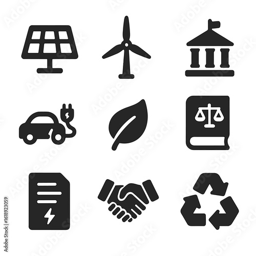 Renewable Energy Icons. Solid, filled icons set of renewable energy policies: solar panel, wind turbine,