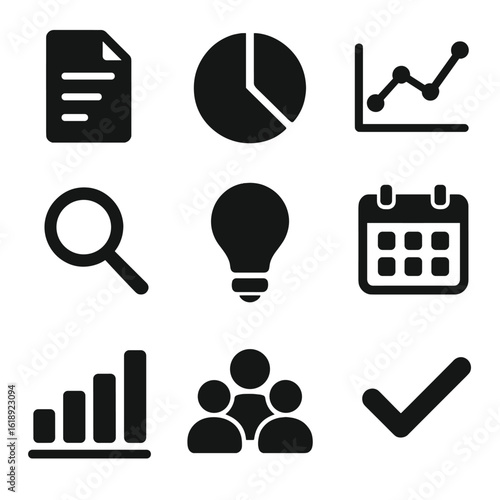 Reporting Icon Set. Solid, filled icons set of reporting and insights: document, pie chart, line graph,