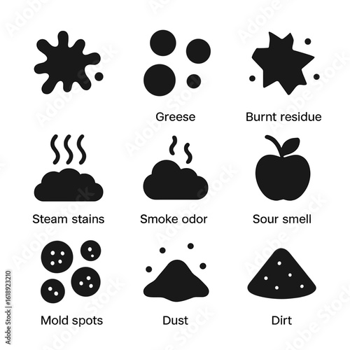 Microwave Stains Icons. Solid, filled icon set of Microwave stains and odors: food splatter, grease spots, burnt residue, steam