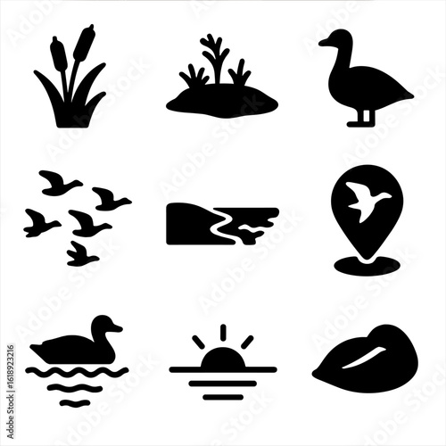Migratory Bird Icons. Solid, Filled icon set of migratory bird rest stops: wetland reeds, marsh island, resting goose, fuelling