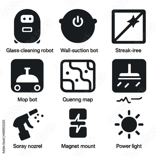Robotic Cleaning Icons. Solid, filled icons set of robotic window and surface cleaning: glass-cleaning robot,