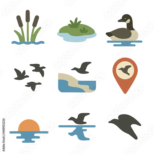 Migratory Bird Icons. Flat icon set of migratory bird rest stops: wetland reeds, marsh island, resting goose, fuelling flock,