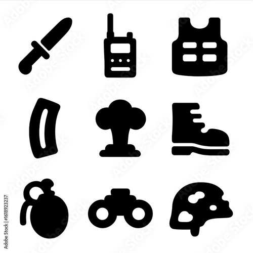 Military Equipment Icons. Solid, filled icon set of storming enemy territory: combat knife, military radio, armored vest, bullet