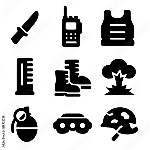 Military Equipment Icons. Solid, filled icon set of storming enemy territory: combat knife, military radio, armored vest, bullet