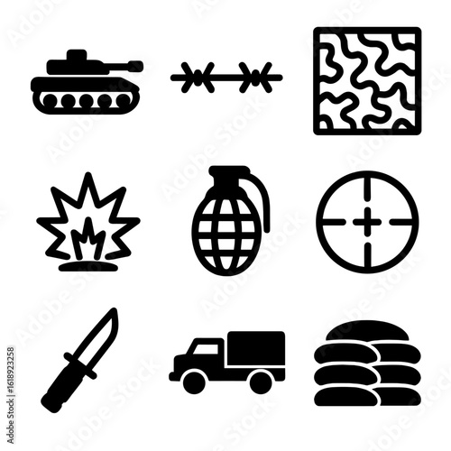 Military Icon Grid. Solid, filled icon set of storming enemy territory: military tank, barbed wire, camouflage net, explosion,
