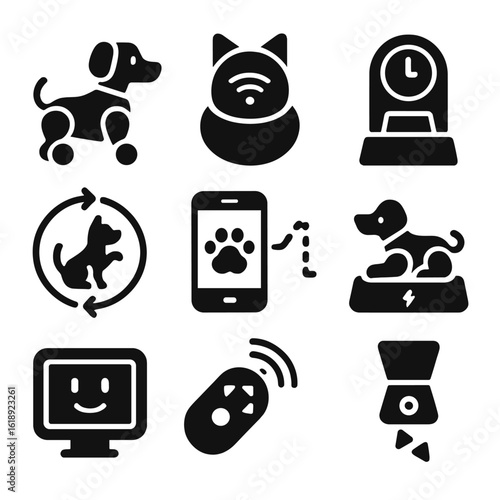 Robotic Pet Icons. Solid, filled icons set of robotic pet companions: robotic dog, smart cat toy, feeding