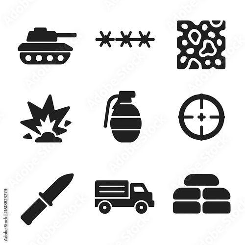 Military Icon Grid. Solid, filled icon set of storming enemy territory: military tank, barbed wire, camouflage net, explosion,