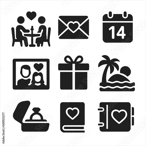 Romantic Milestones Icons. Solid, filled icons set of romantic milestones and memories: first date, love